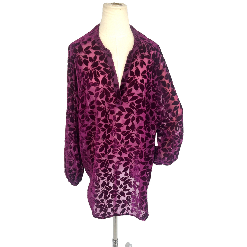 Torrid Burnout‎ Velvet Floral Long Sleeves Tunic Top Shirt Pink Purple Womens 1X